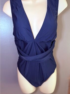 Cupshe Navy Blue One Piece Swimsuit XL Deep V Neck Ruched Waist NWT Poolside